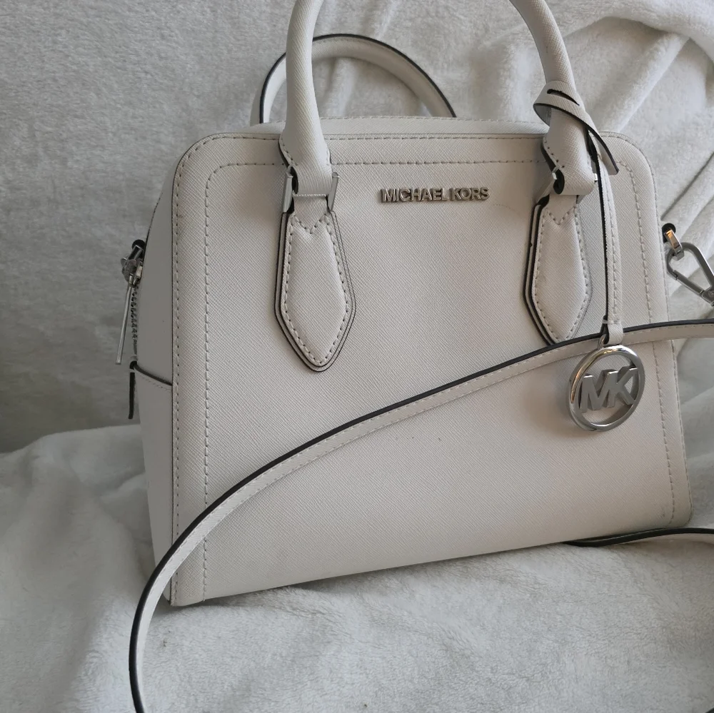 Michael Kors Ayden Leather Satchel Optic White Black Trim Crossbody Strap Silver